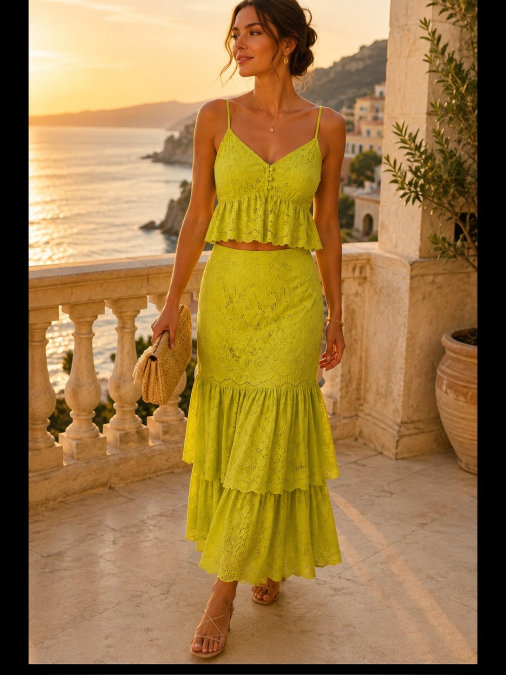 Maeve Anthropologie Size 12 Chartreuse Eyelet Crop Top Maxi Skirt Set